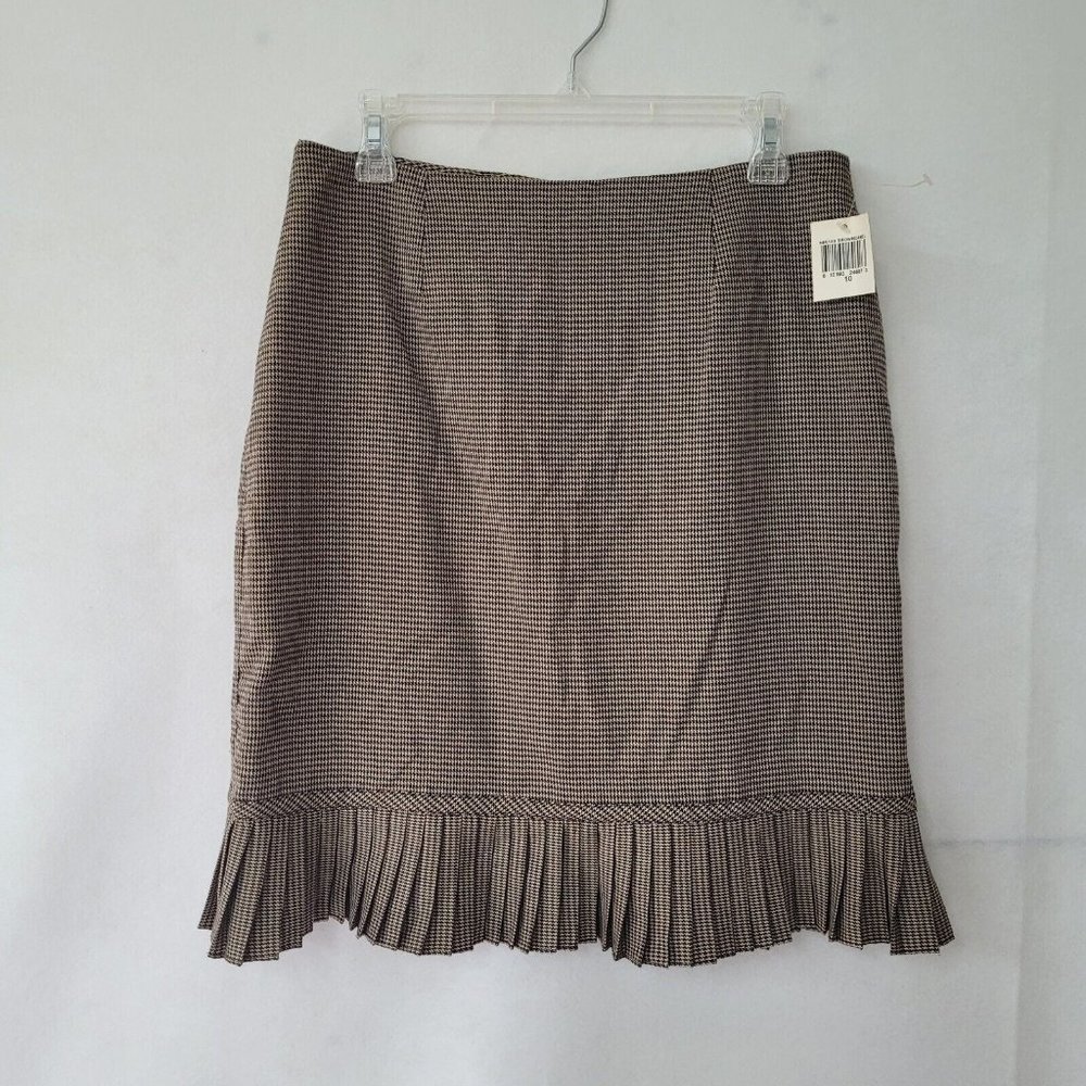 Versailles Skirt Womens 10 Houndstooth Brown/Camel Pleat Hem Lined Back‎ Zip New
